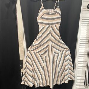 Elegant Beige and Gray Striped Midi Dress